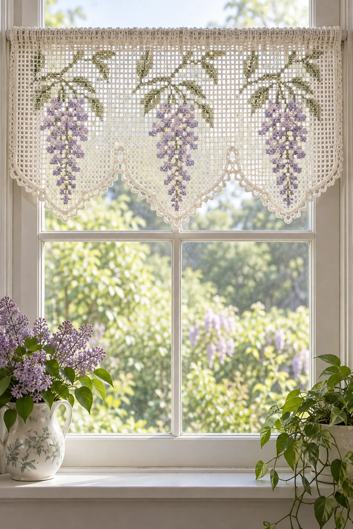 Finished ivory wisteria filet lace crochet window valance with lilac cascades and scalloped hem