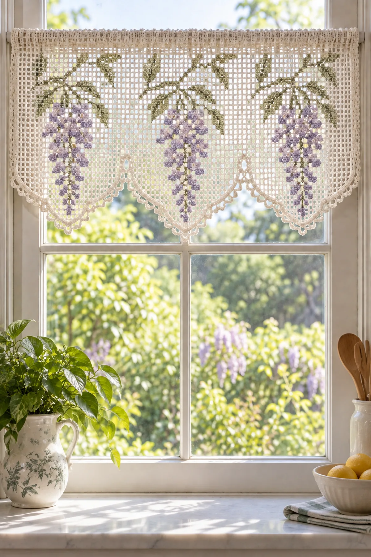 Wisteria filet crochet valance hanging in a bright cottage kitchen window