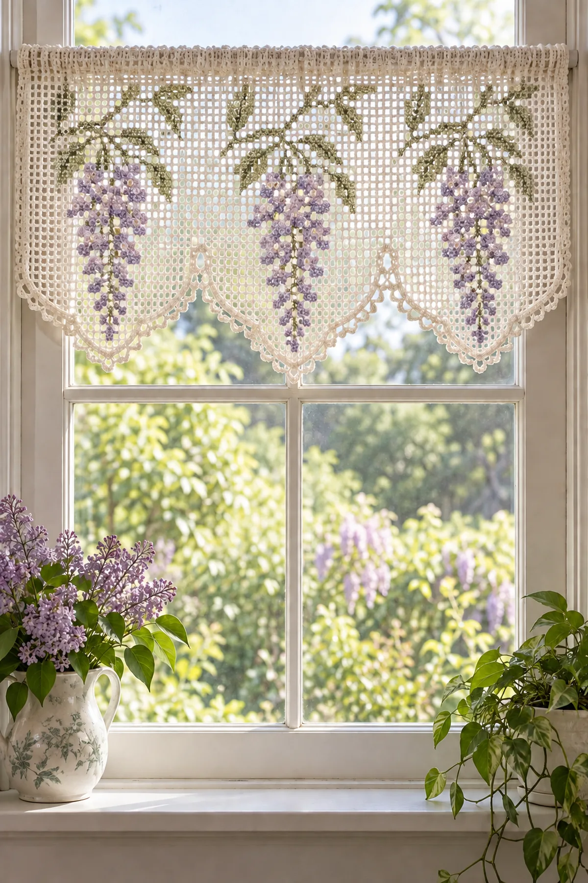 Wisteria filet valance panel showing three charted flower cascades before edging