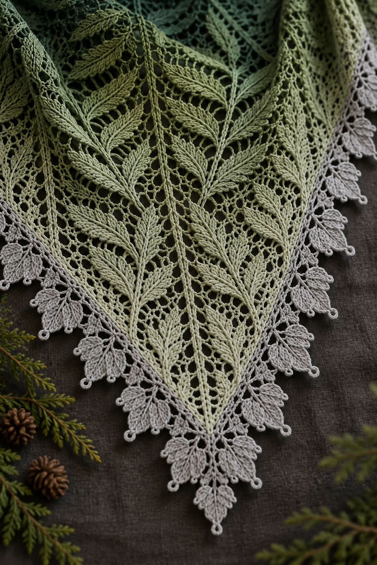 Close-up of crochet fern lace raised center vein open leaflets and mist gray picot border
