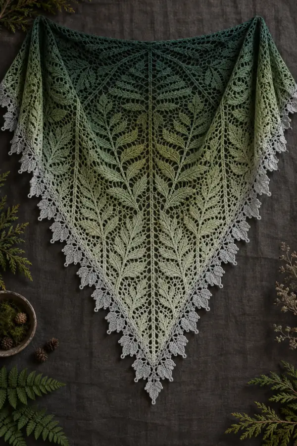 Finished triangular crochet woodland fern lace shawl in deep pine moss and misty sage gradient
