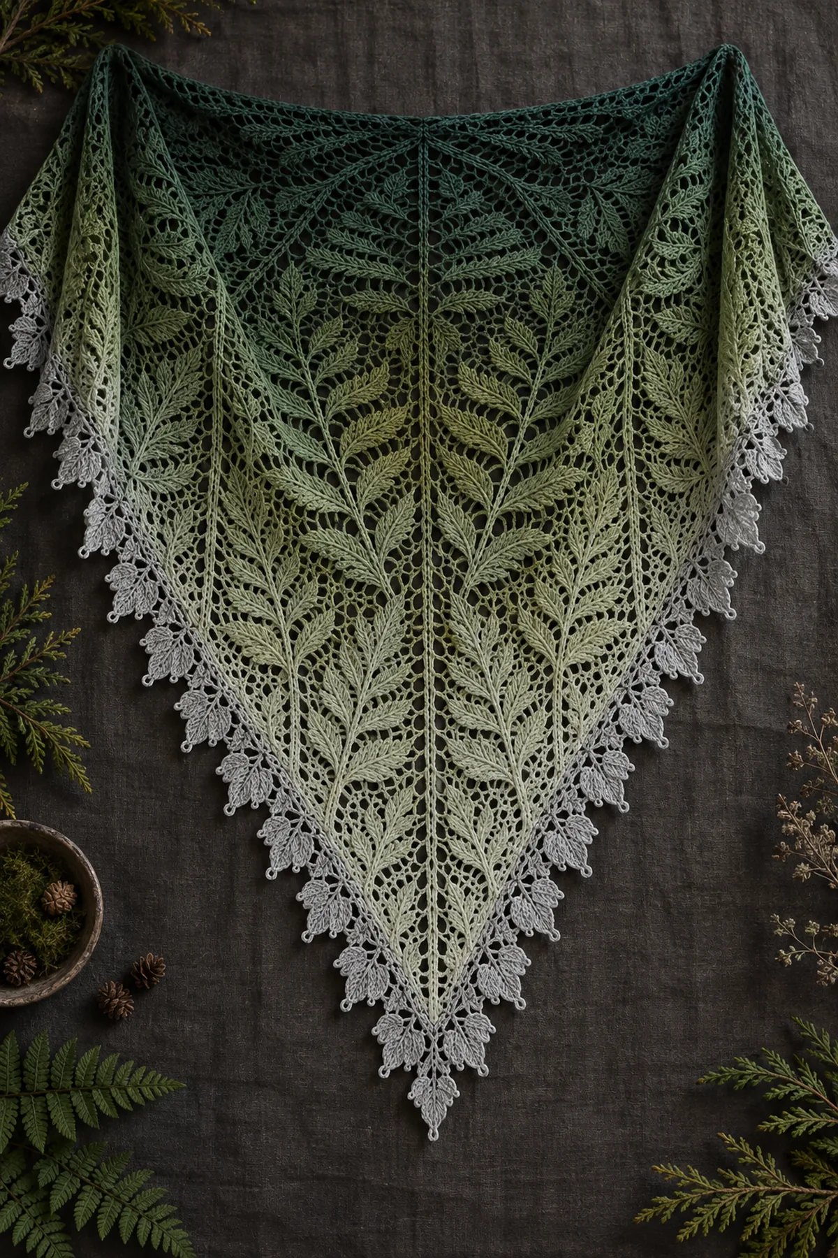 Finished triangular crochet woodland fern lace shawl in deep pine moss and misty sage gradient