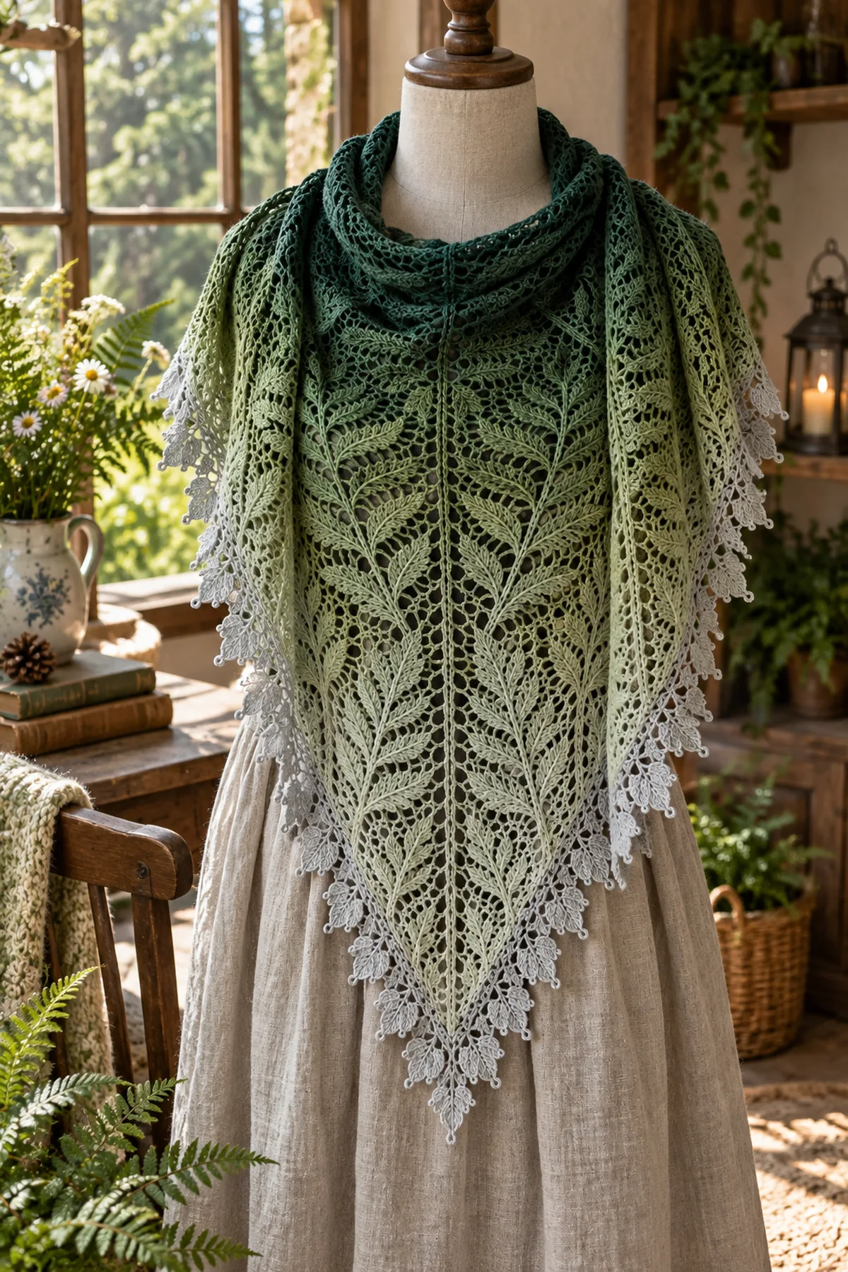 Woodland fern crochet lace shawl draped over a linen dress in a sunlit forest cottage