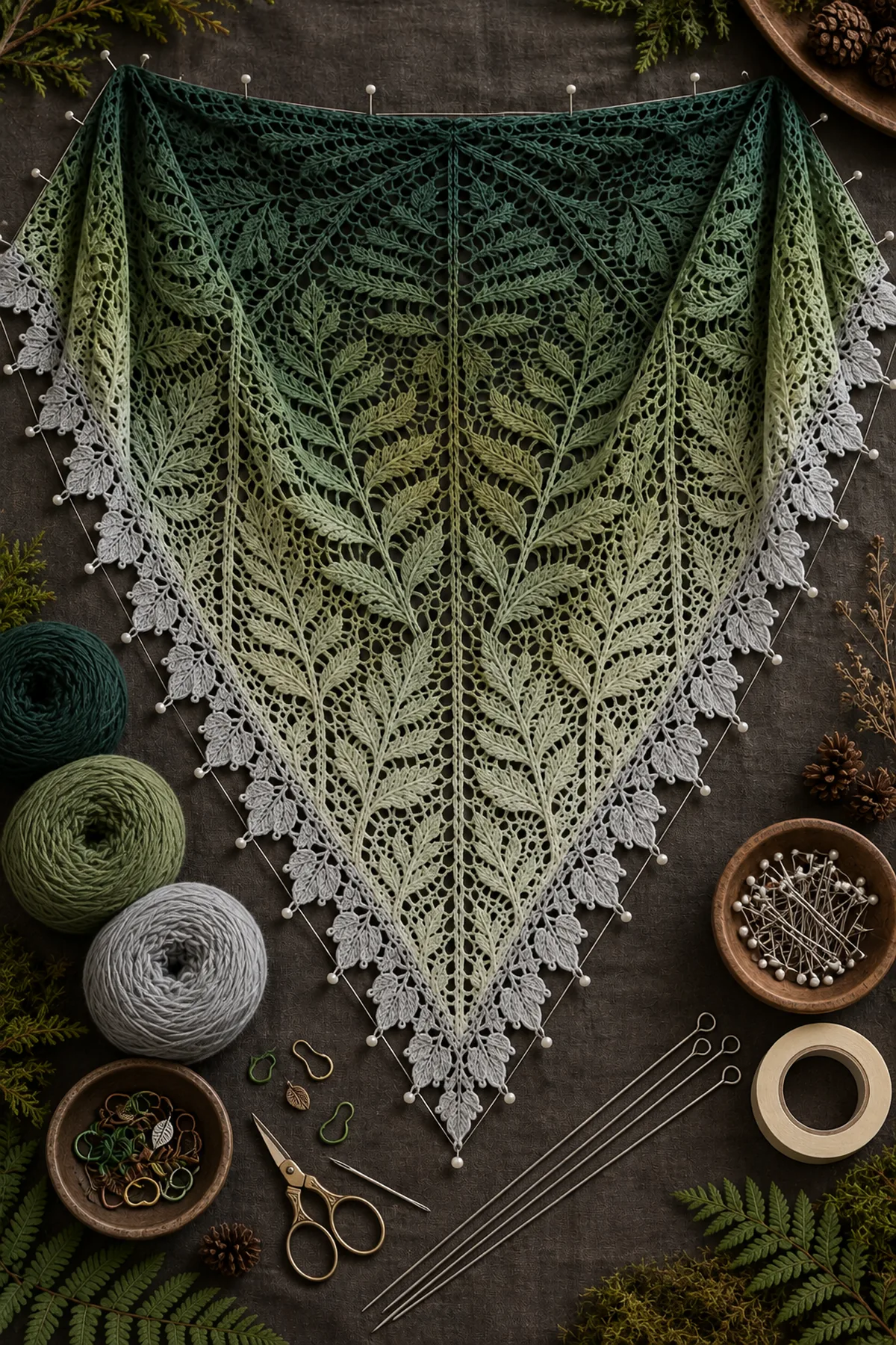 Pine moss sage and mist gray fingering yarn crochet hook markers blocking wires needle scissors and tape