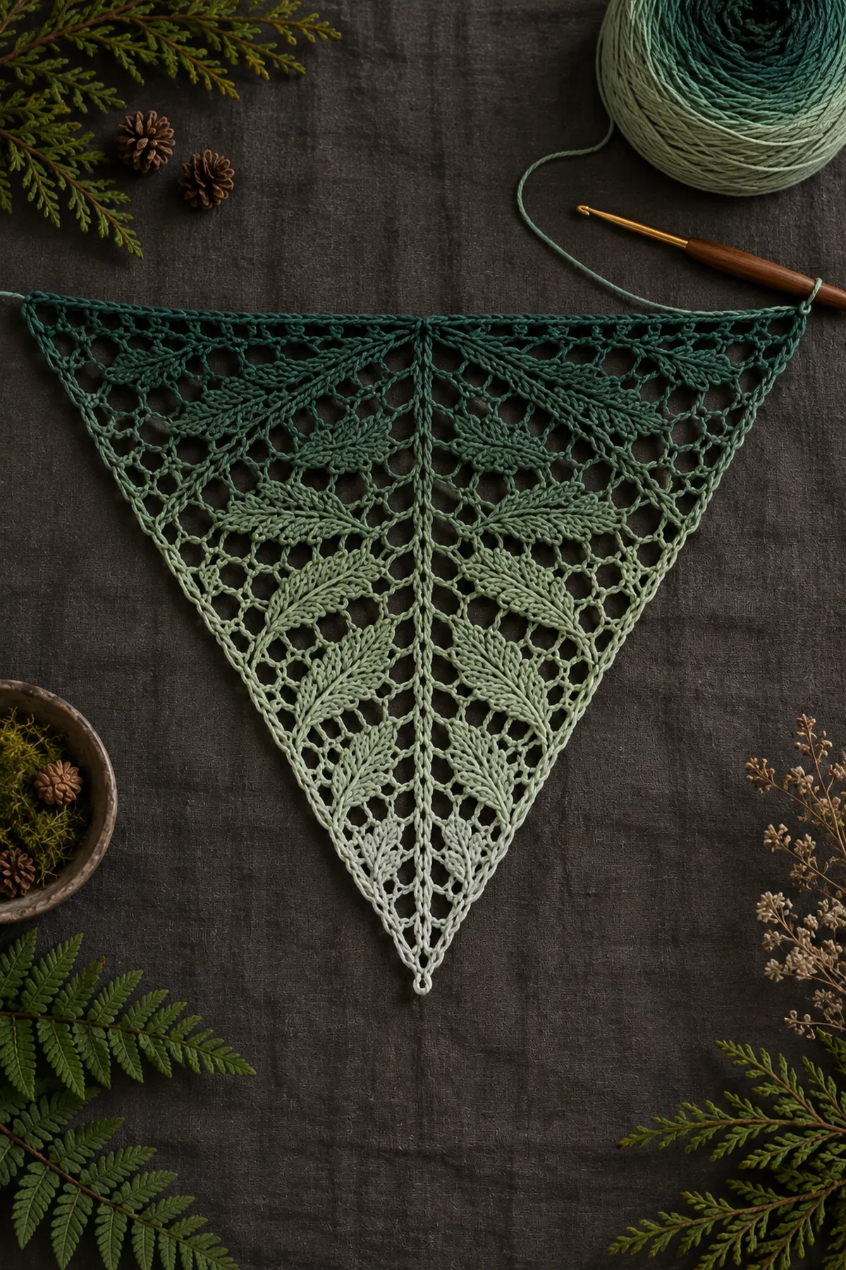 Deep pine nine stitch shawl foundation with first center spine increases