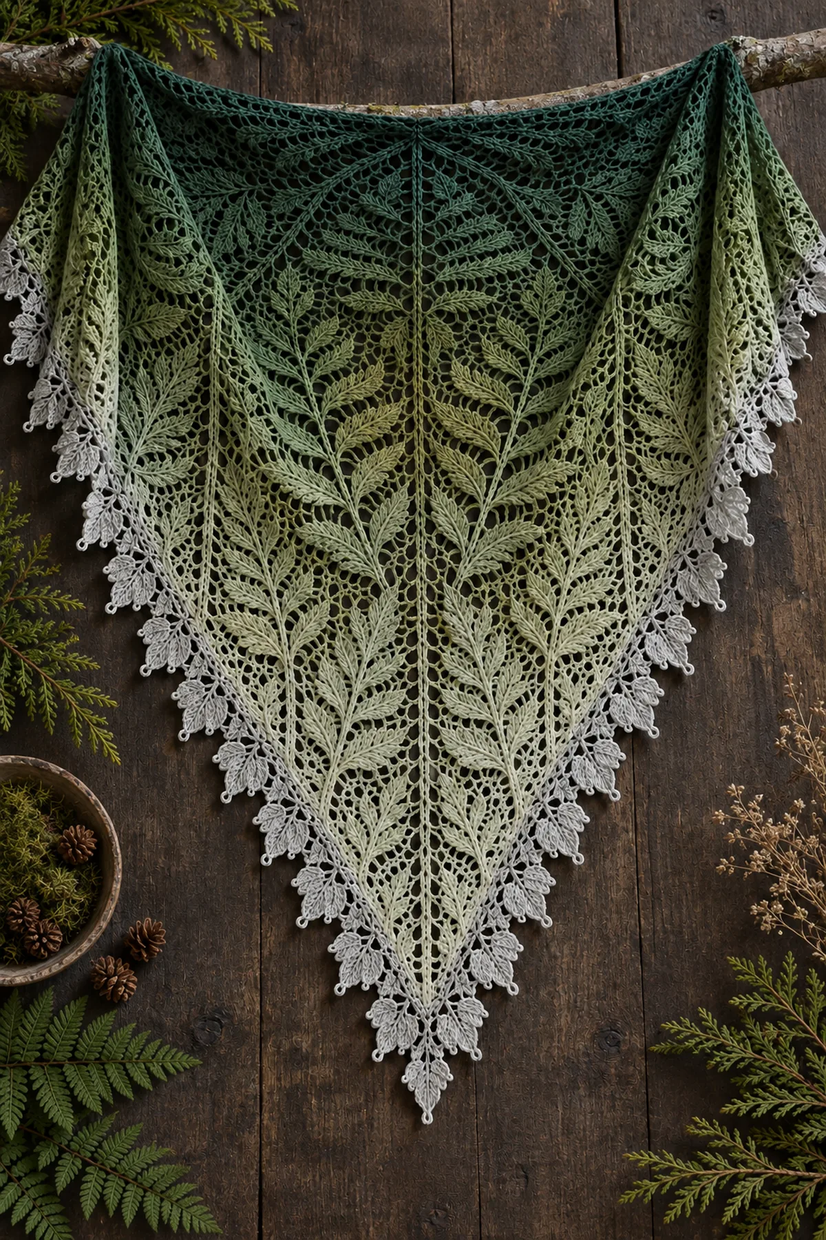 Triangular fern lace shawl midway through branching moss green panels