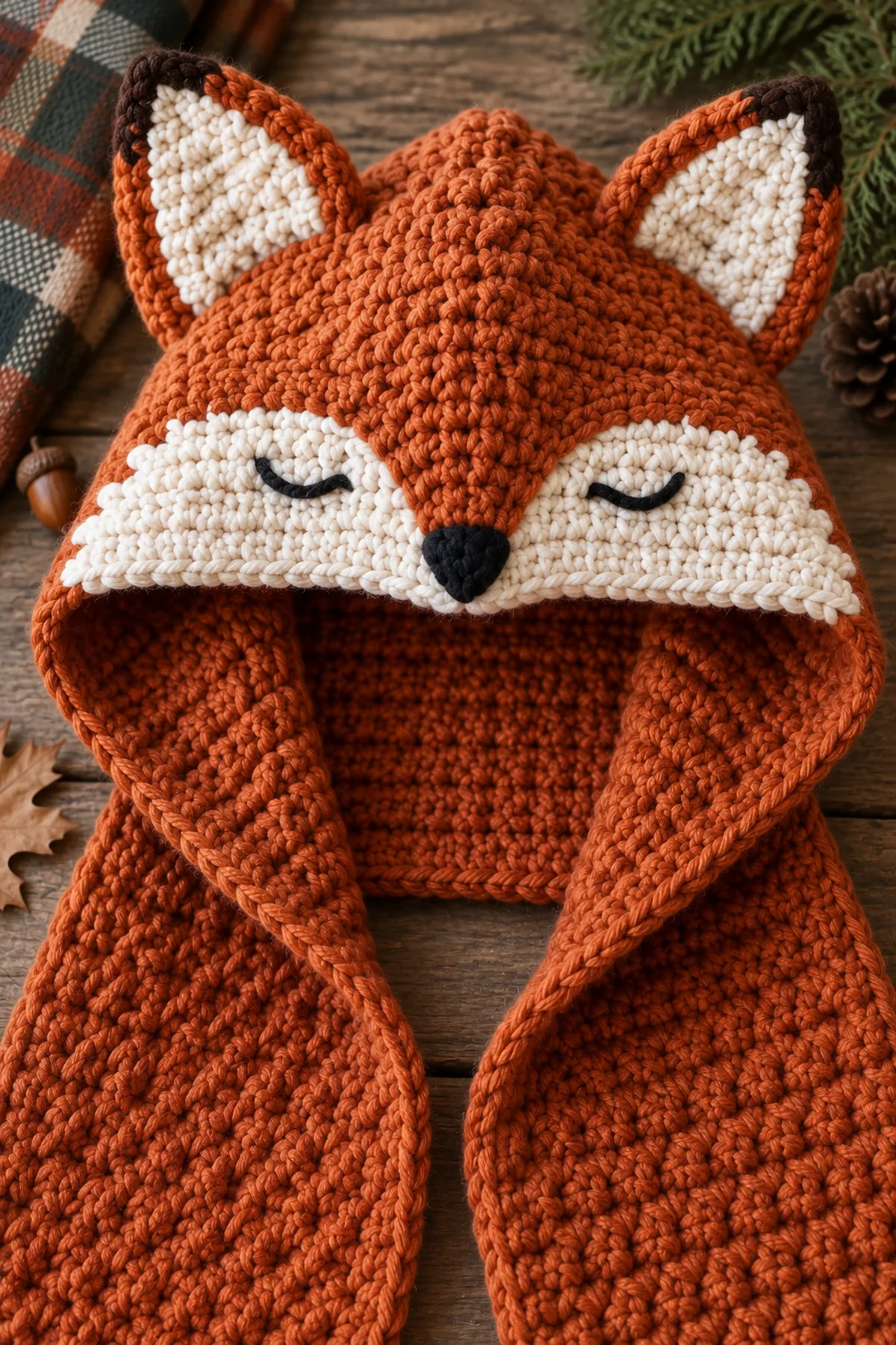 Close-up of stitch texture and finishing details on crochet woodland fox hooded scarf