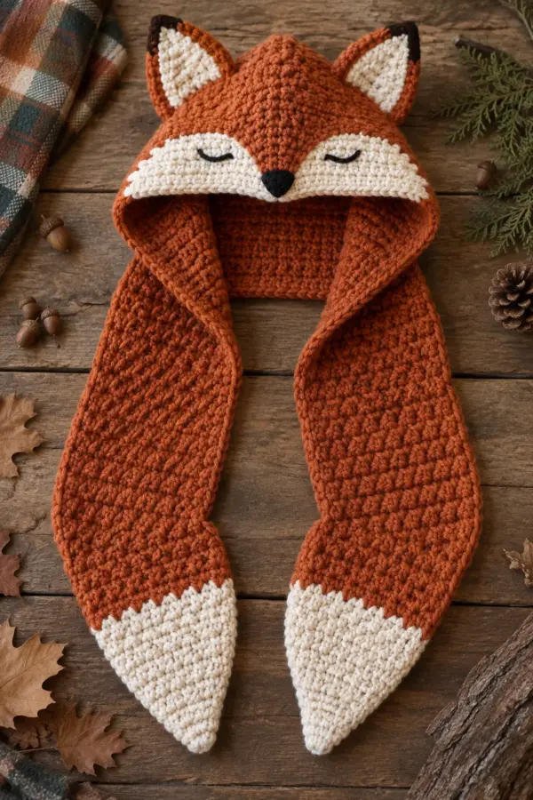 Finished crochet woodland fox hooded scarf displayed with a clean handmade finish