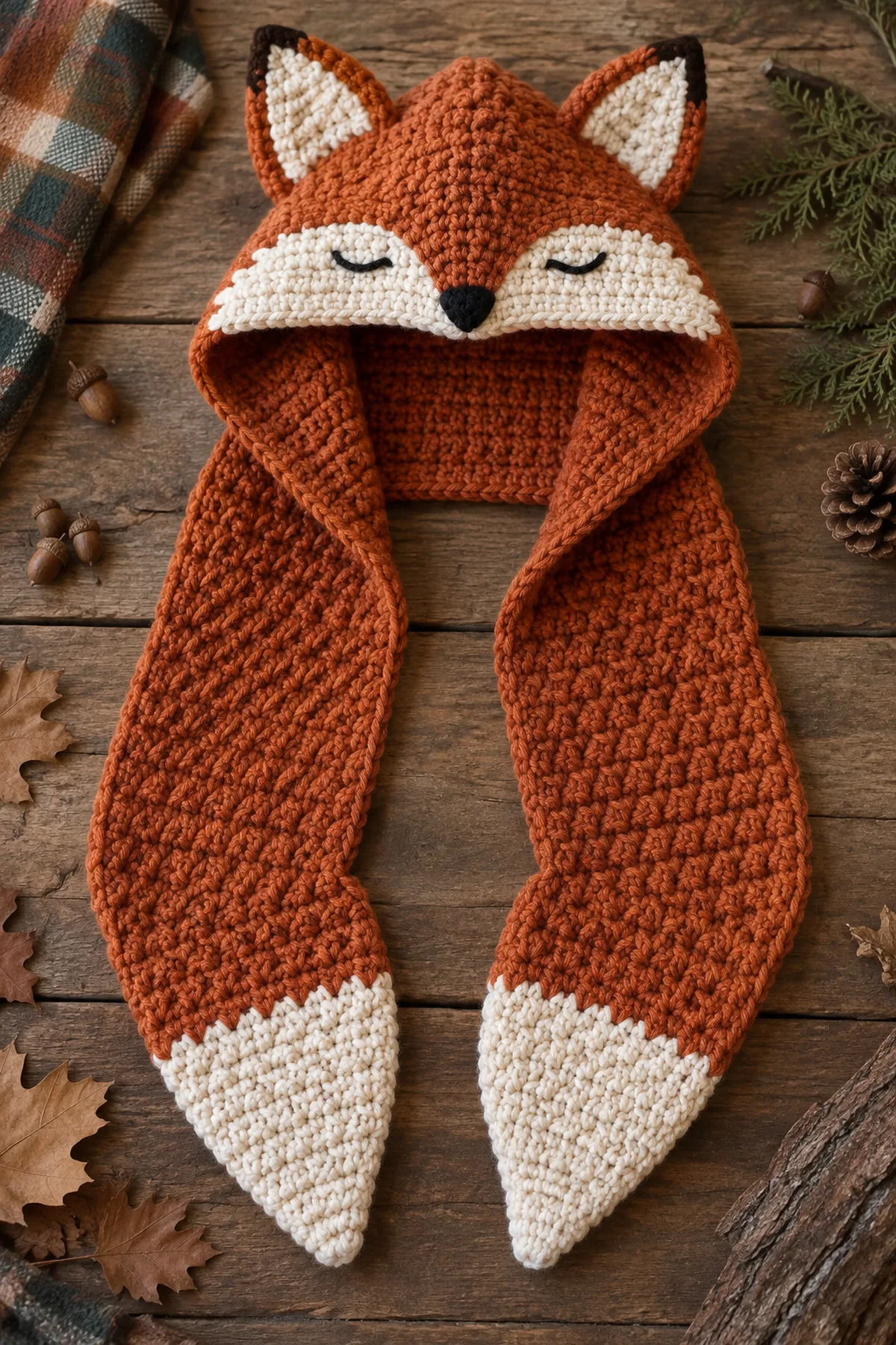Finished crochet woodland fox hooded scarf displayed with a clean handmade finish