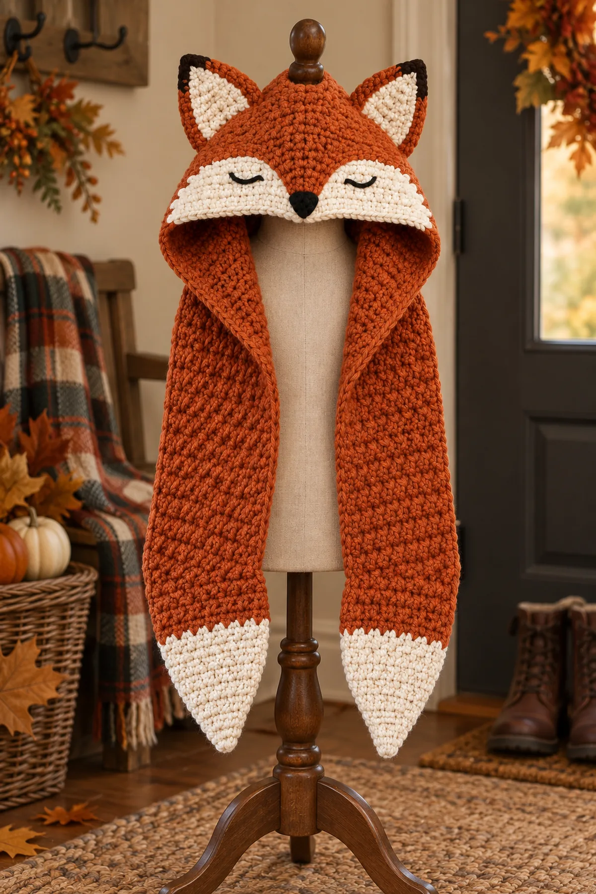 Finished crochet woodland fox hooded scarf styled in a bright natural setting