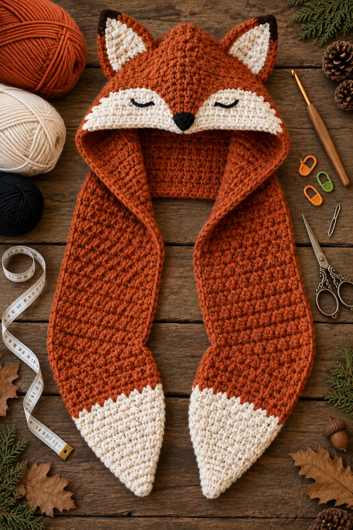 Materials for crochet woodland fox hooded scarf including yarn, crochet hook, markers, needle, tape measure, and scissors