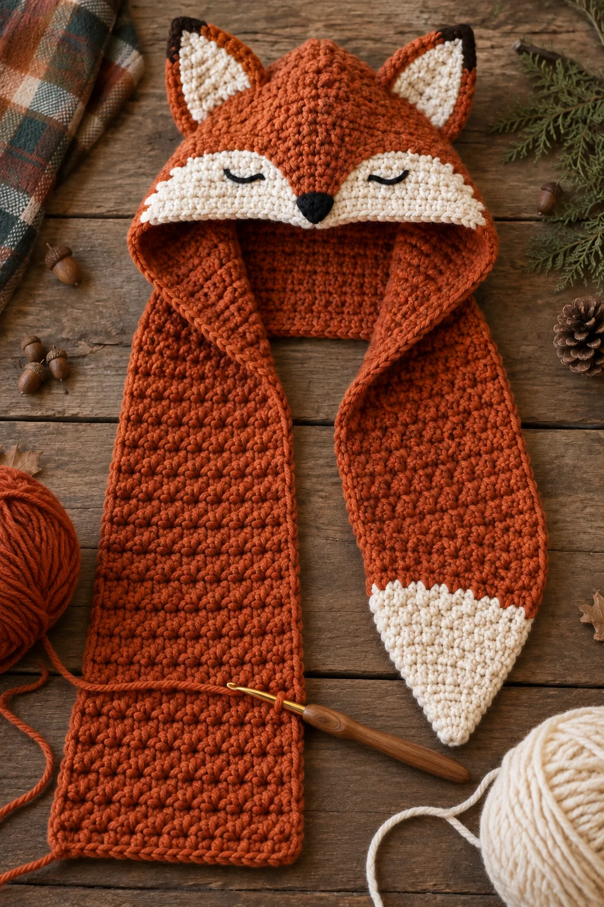 Early crochet construction stage for crochet woodland fox hooded scarf with working yarn and hook