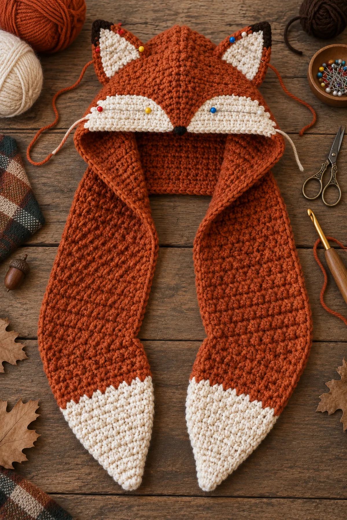 Mid-process crochet construction and shaping for crochet woodland fox hooded scarf