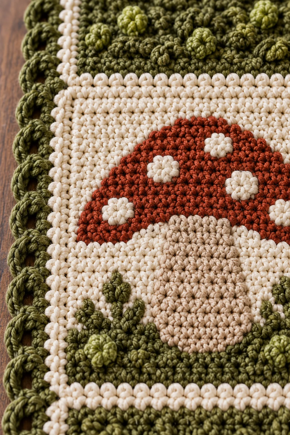 Close-up of spotted tapestry mushroom cap panel seam cream side band and moss loop edging