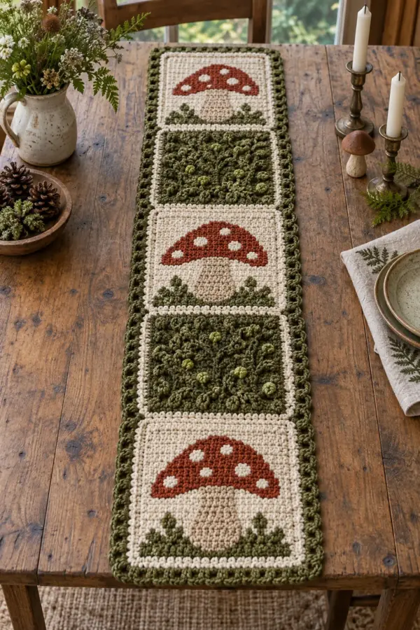 Finished five-panel crochet woodland table runner with rust spotted mushrooms and moss texture