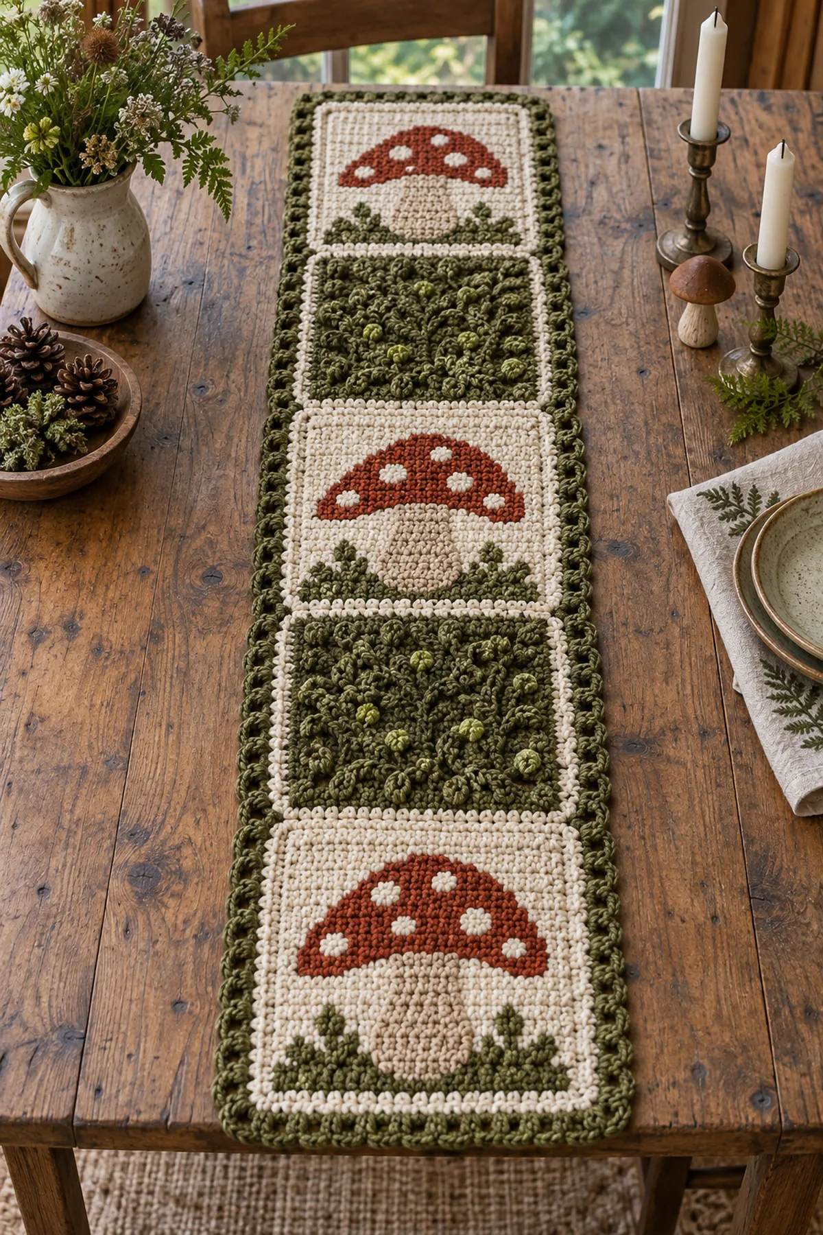 Finished five-panel crochet woodland table runner with rust spotted mushrooms and moss texture
