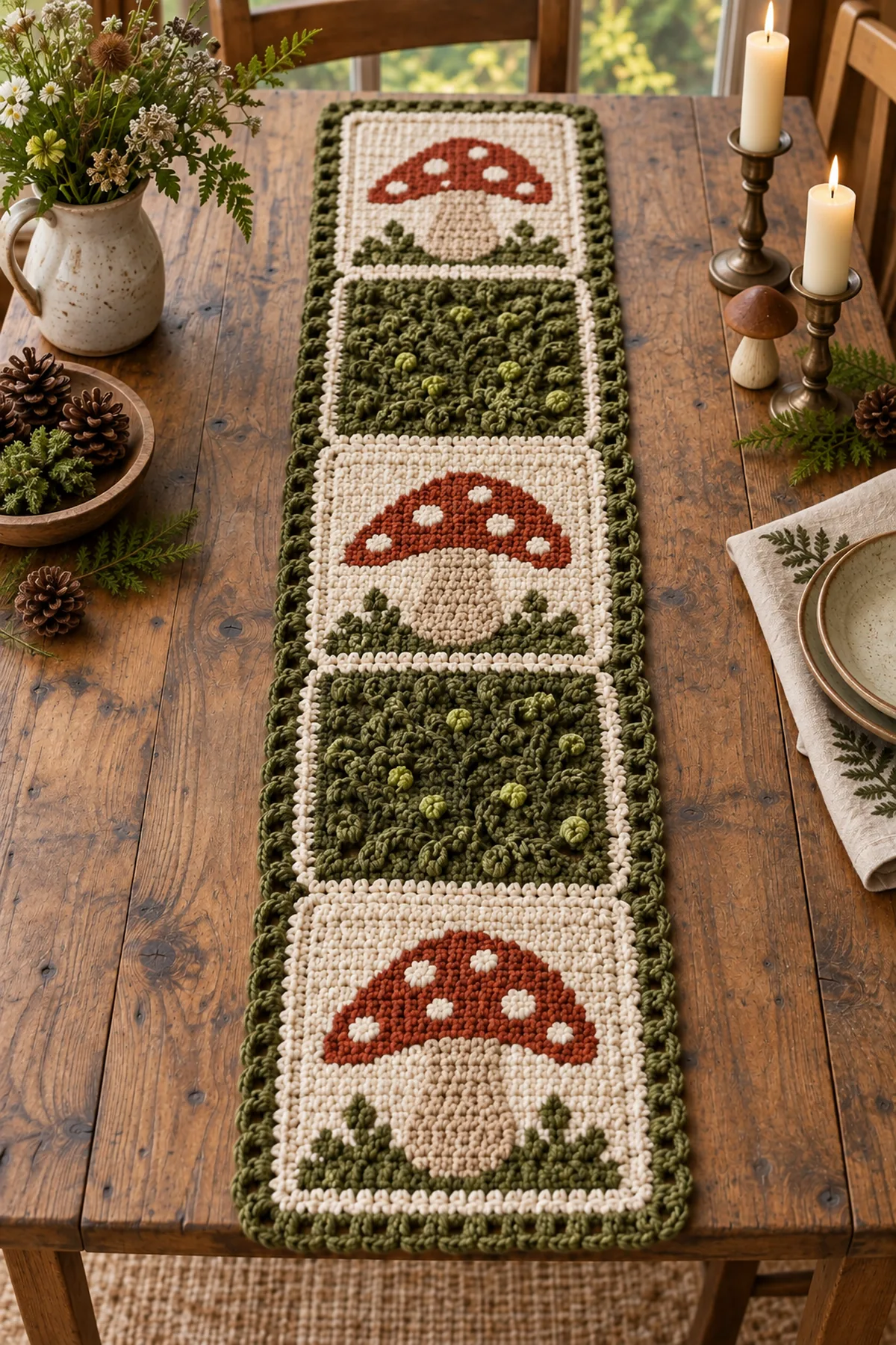 Woodland mushroom crochet table runner styled on a rustic dining table