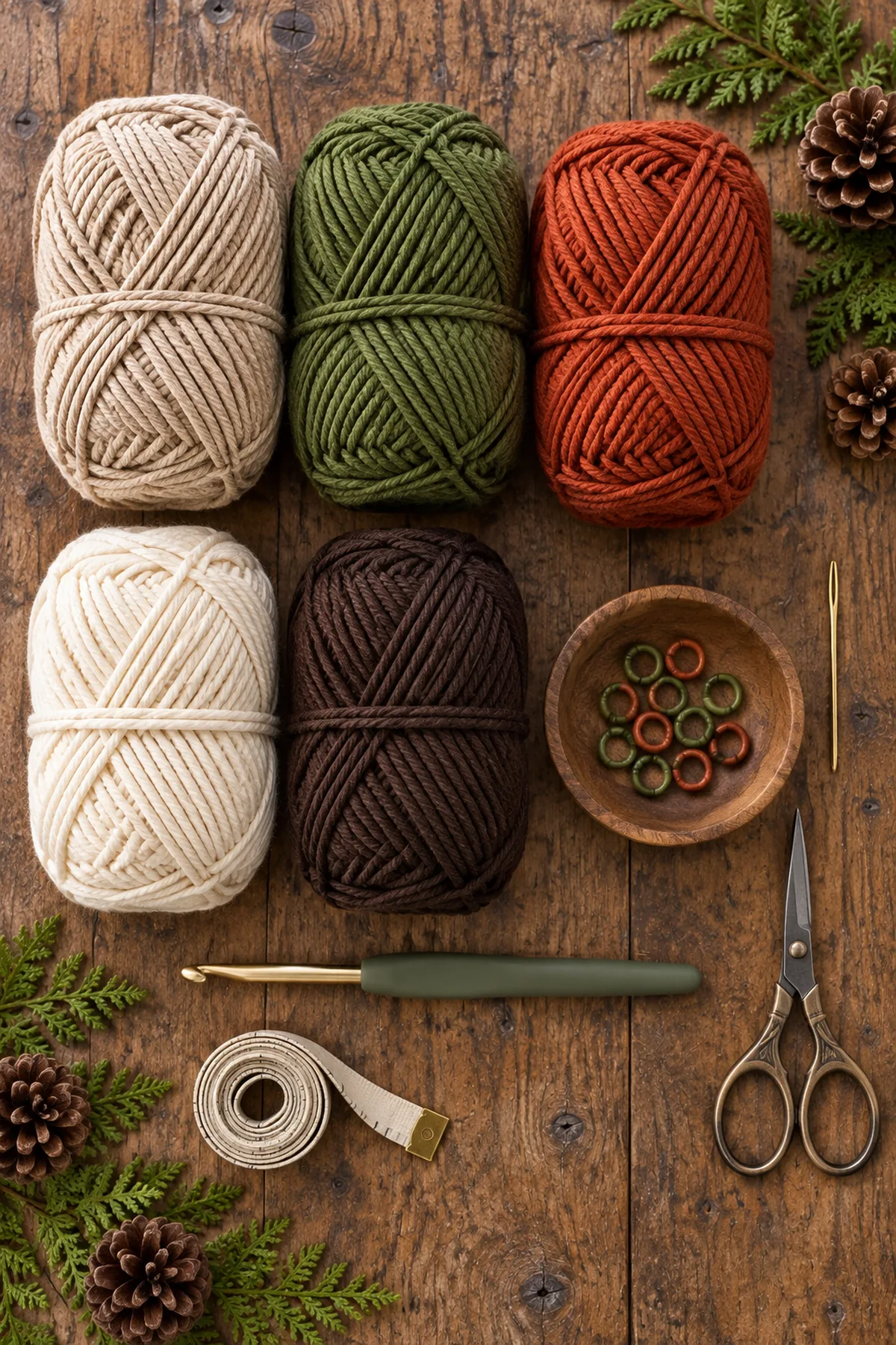 Oatmeal moss rust cream and brown cotton yarn with hook markers needle scissors and tape