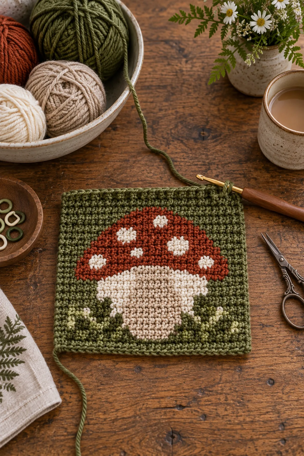 Twenty eight stitch tapestry crochet mushroom panel with rust cap and oatmeal stem in progress