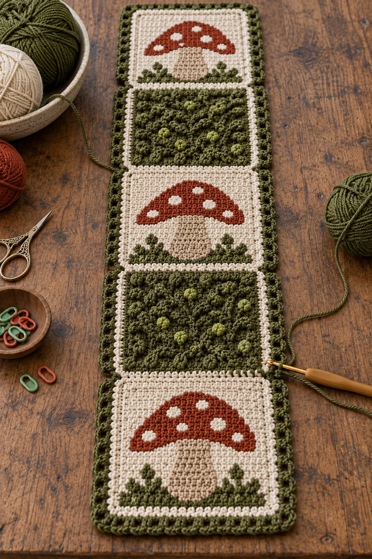 Three mushroom panels and two moss texture panels arranged for end to end joining
