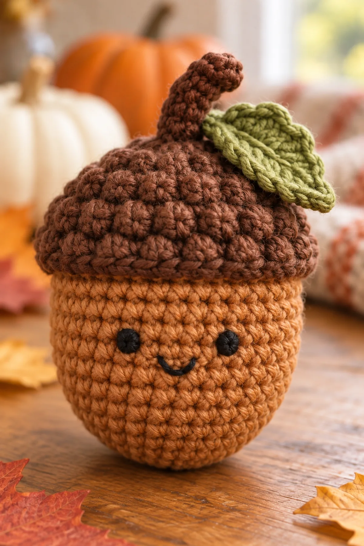 Close-up of crochet acorn cap ridges curved stem leaf and embroidered face