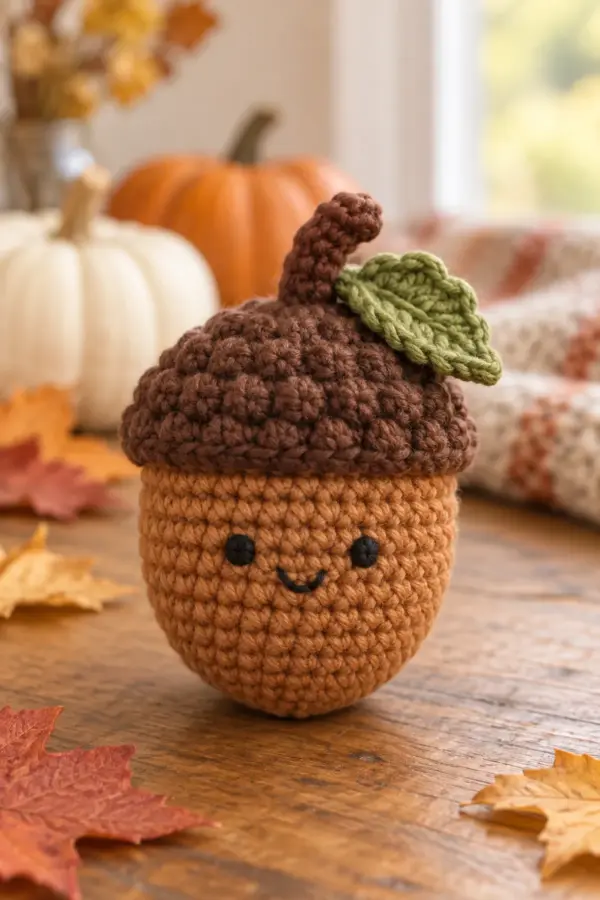 Finished easy crochet acorn with cinnamon body brown cap olive leaf and friendly face