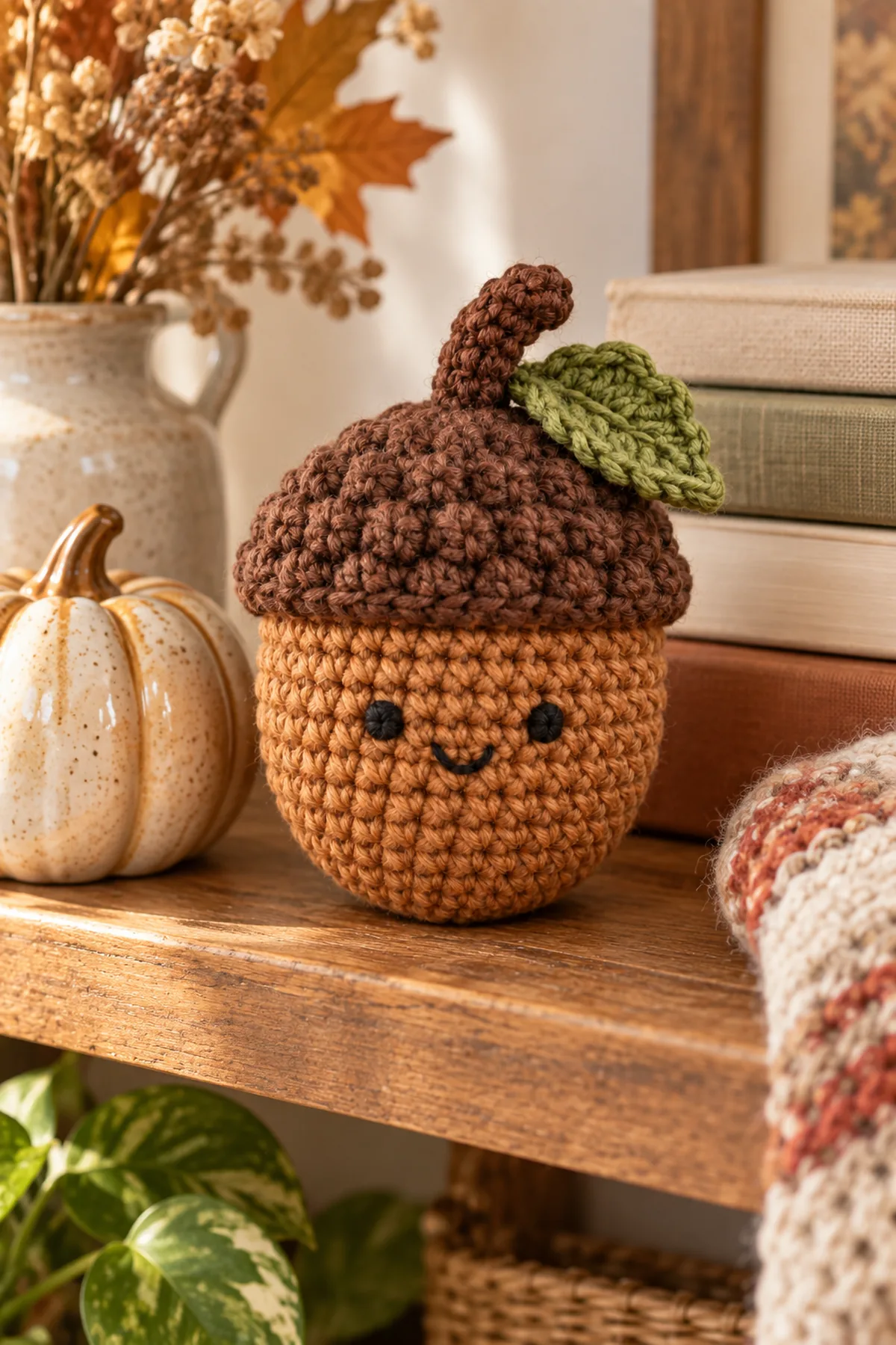 Easy crochet acorn styled with cozy autumn decor