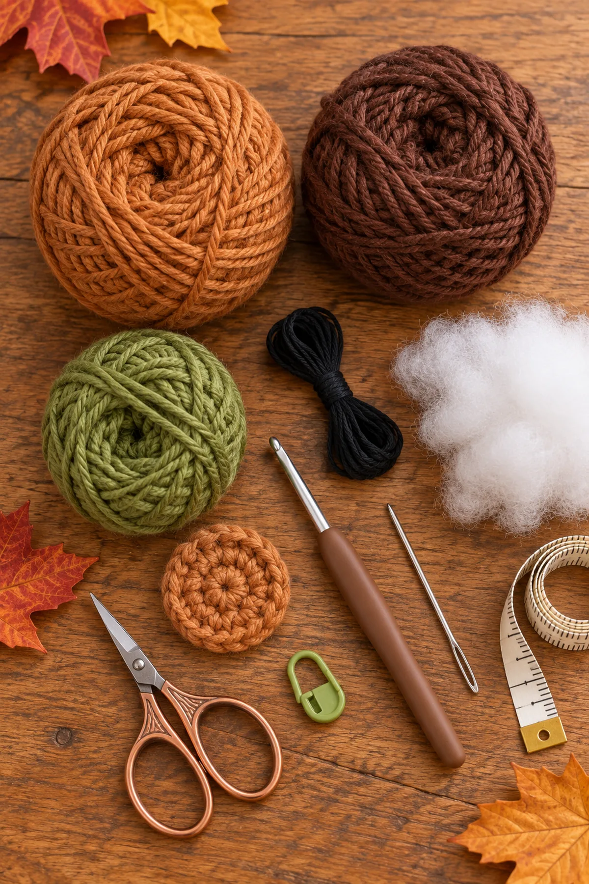 Cinnamon brown olive yarn hook stuffing embroidery floss needle scissors and markers