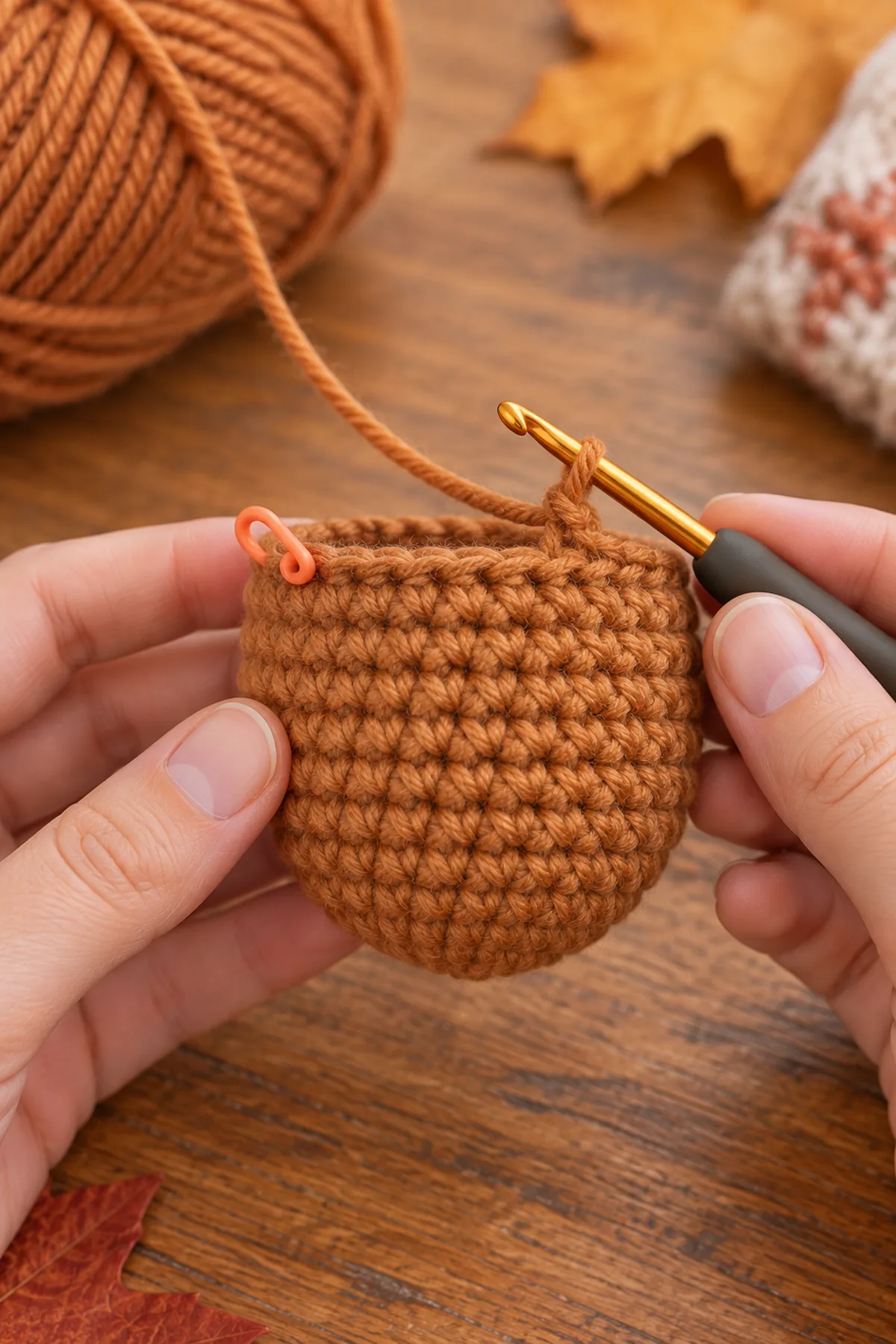 Cinnamon crochet acorn body worked in continuous rounds