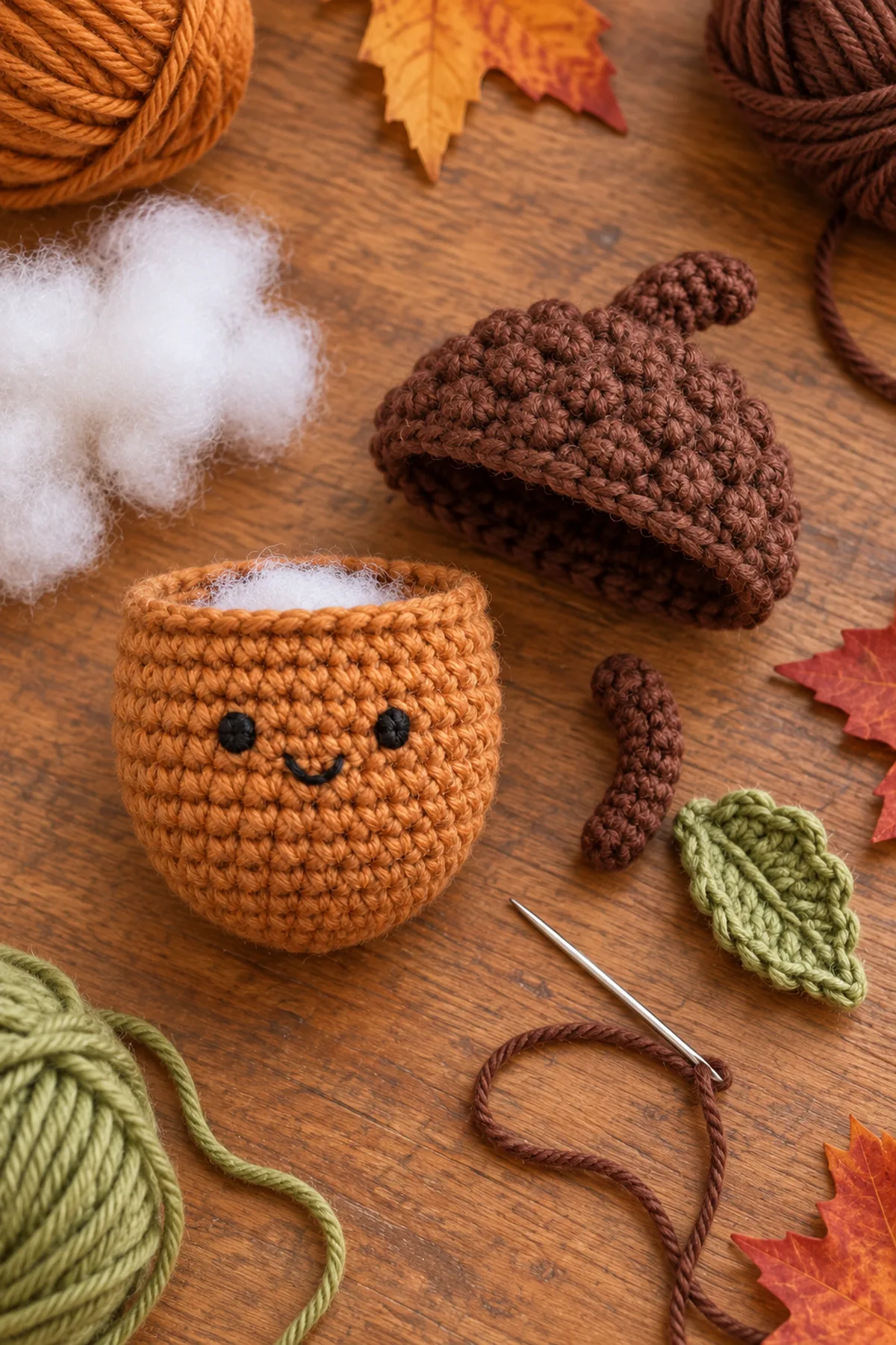 Stuffed acorn body and textured brown cap before assembly