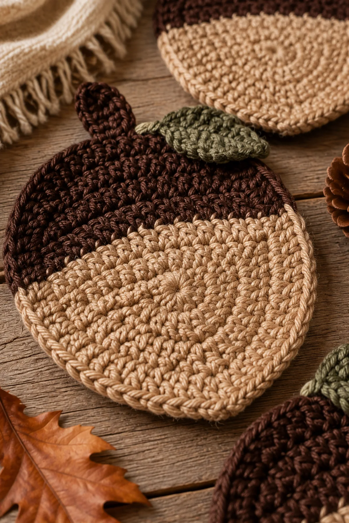 Close-up of the stitch texture and finishing details on easy crochet autumn acorn coaster set