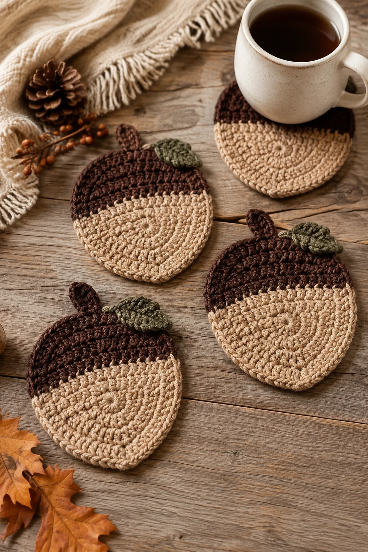 Finished easy crochet autumn acorn coaster set displayed with a clean handmade finish