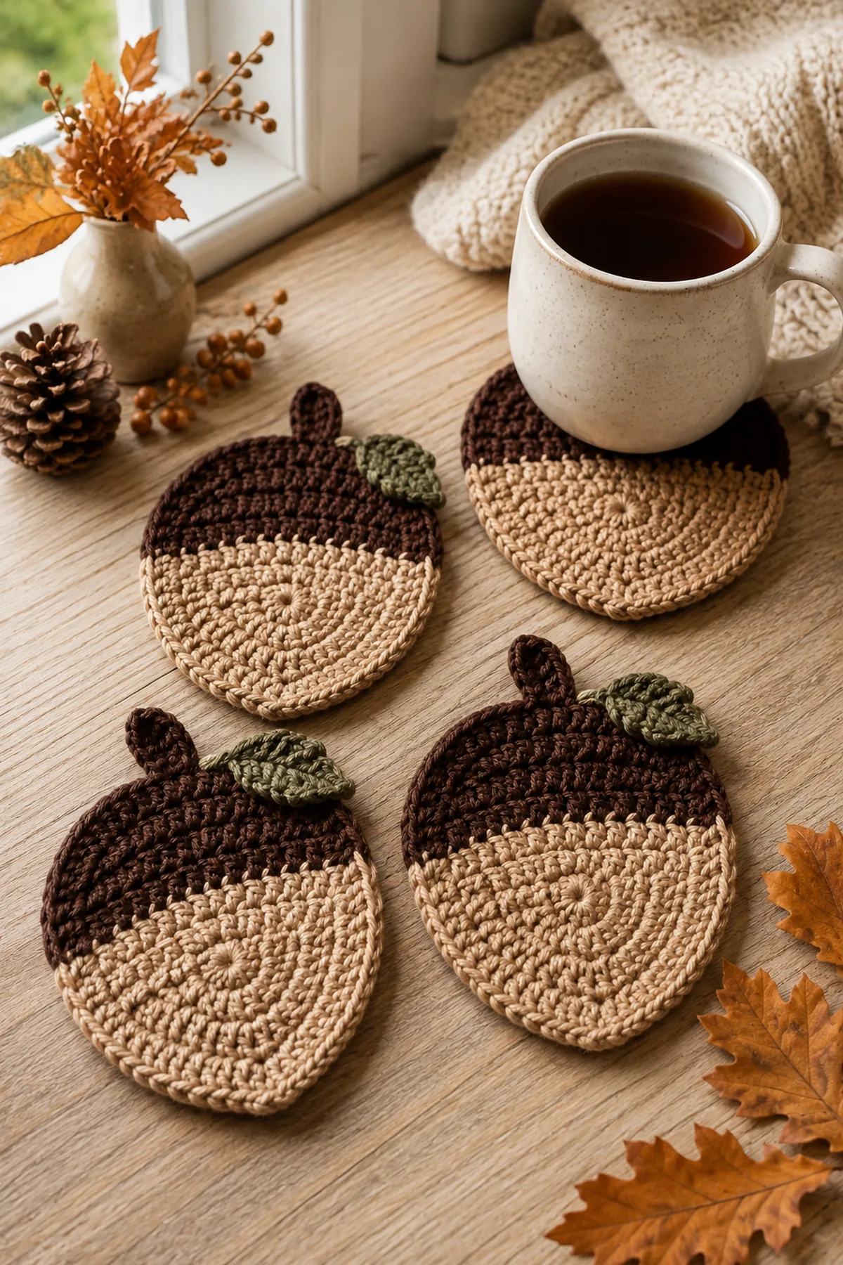Finished easy crochet autumn acorn coaster set styled in a bright natural setting