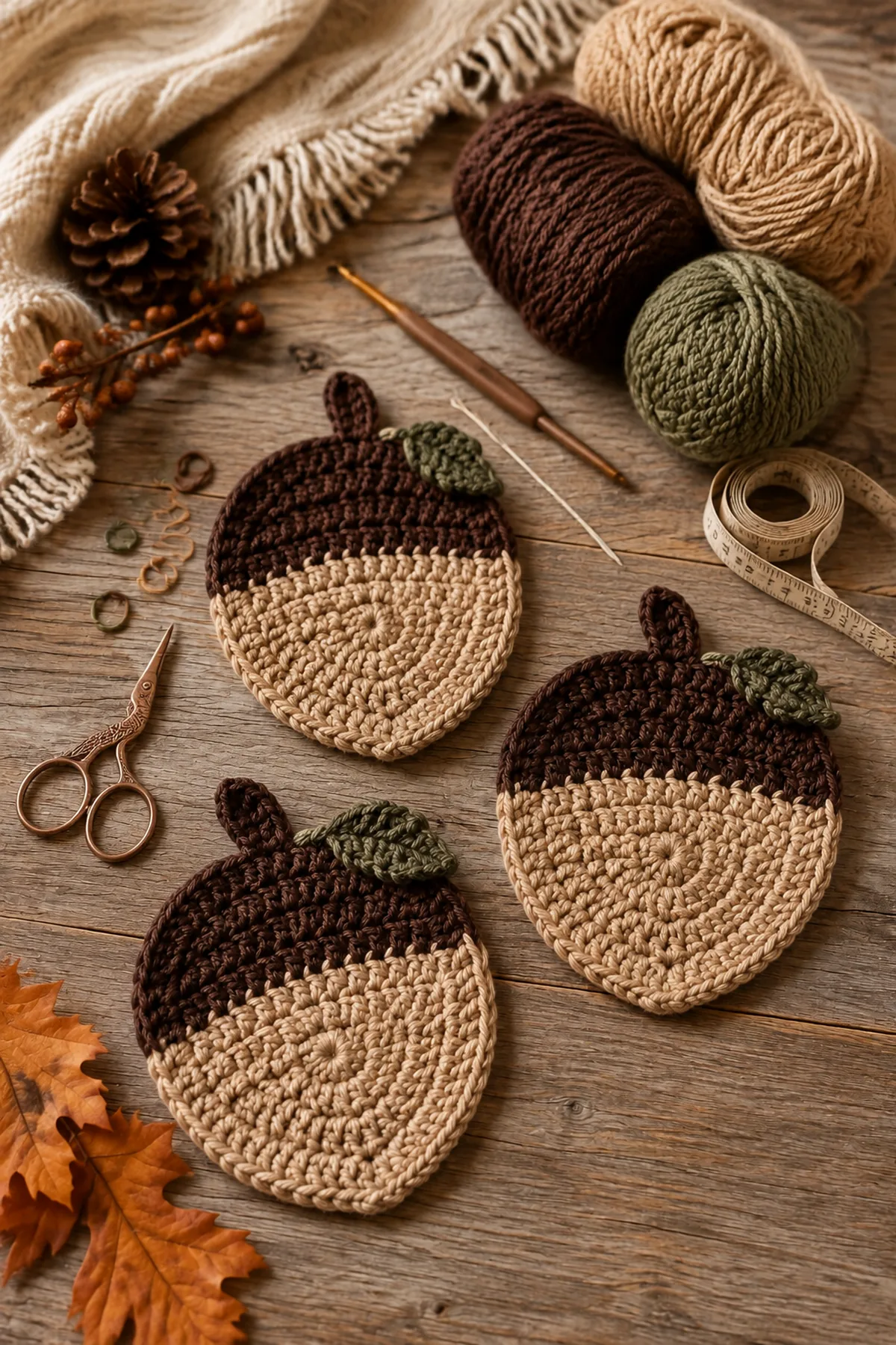 Yarn, crochet hook, stitch markers, yarn needle, tape measure, and scissors for easy crochet autumn acorn coaster set