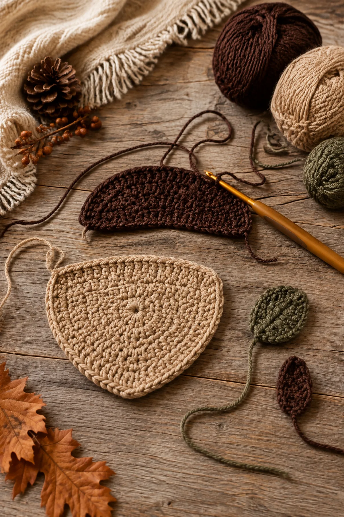 Early crochet construction stage for easy crochet autumn acorn coaster set with working yarn and hook