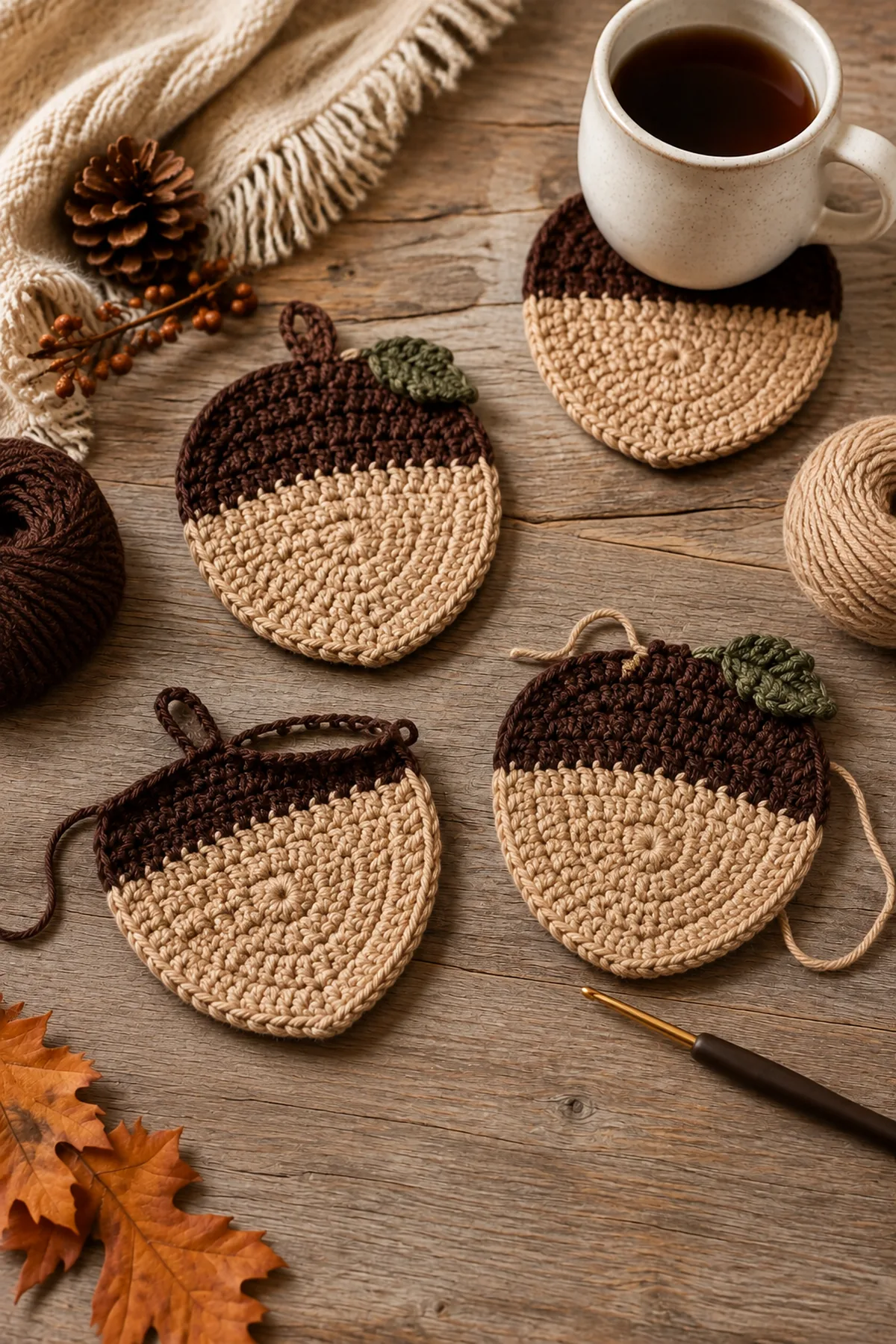 Mid-process crochet construction and shaping for easy crochet autumn acorn coaster set