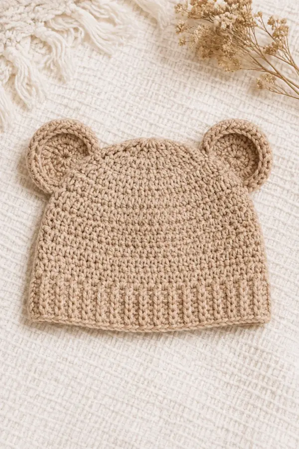 Finished easy crochet bear ear baby hat displayed with a clean handmade finish
