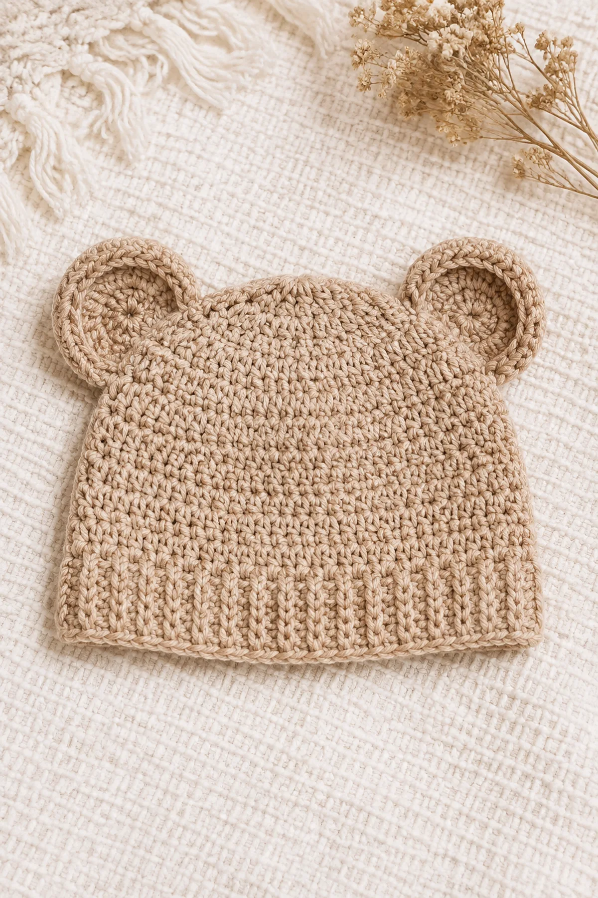 Finished easy crochet bear ear baby hat displayed with a clean handmade finish