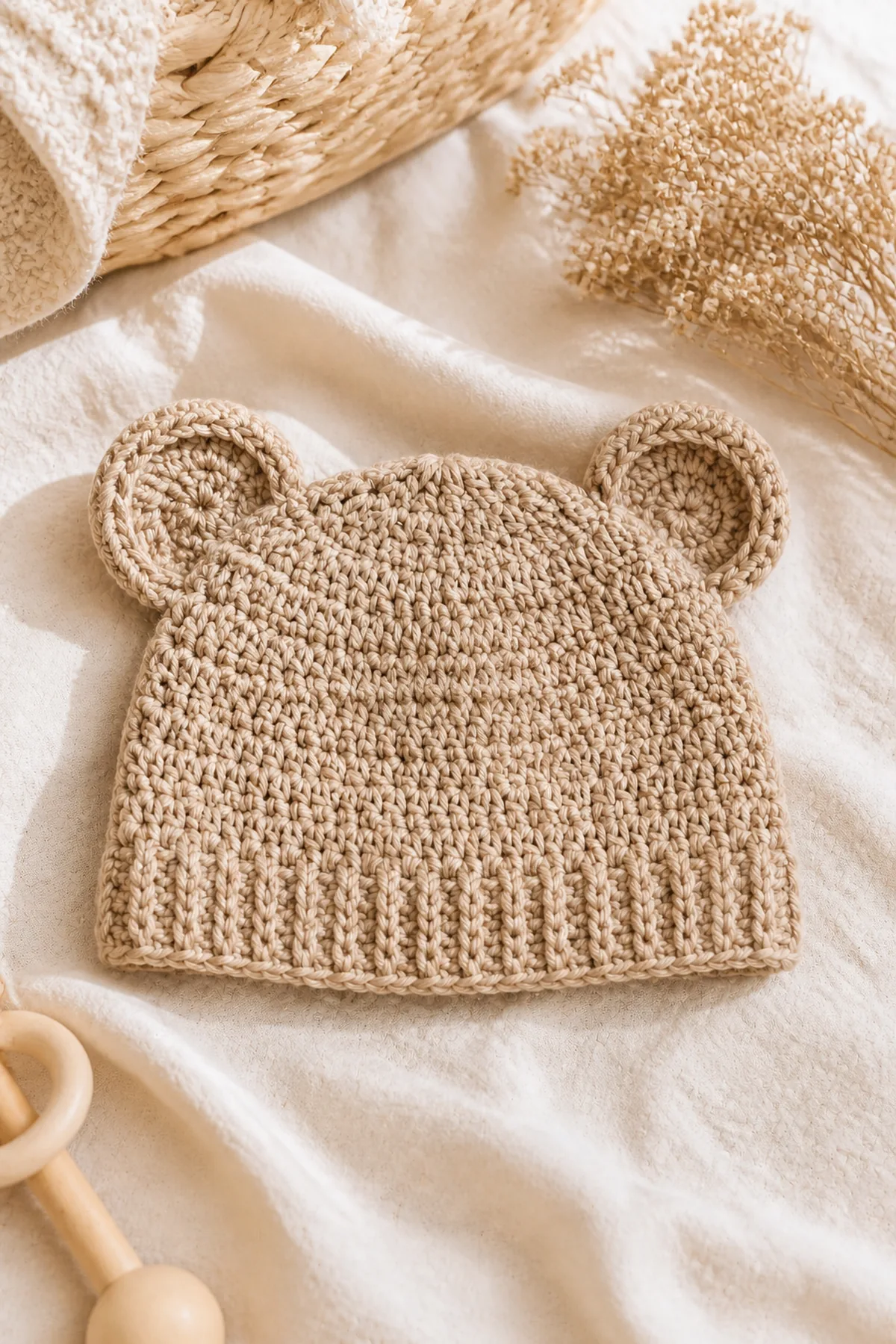 Finished easy crochet bear ear baby hat styled in a bright natural setting