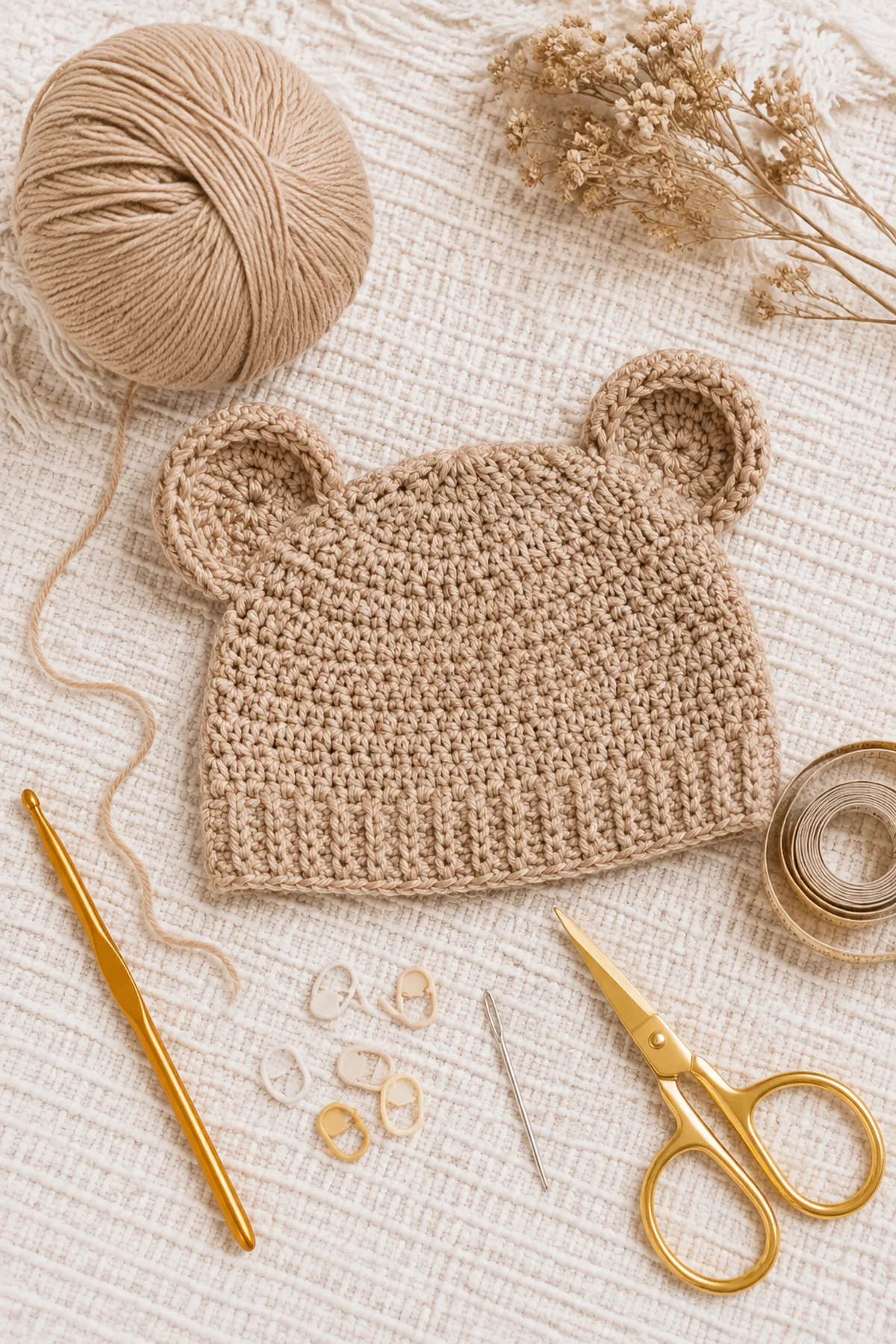 Yarn, crochet hook, stitch markers, yarn needle, tape measure, and scissors for easy crochet bear ear baby hat