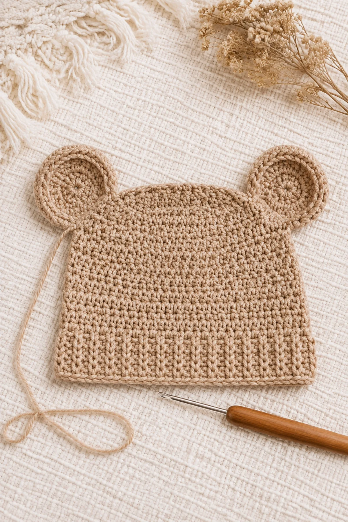 Mid-process crochet construction and shaping for easy crochet bear ear baby hat