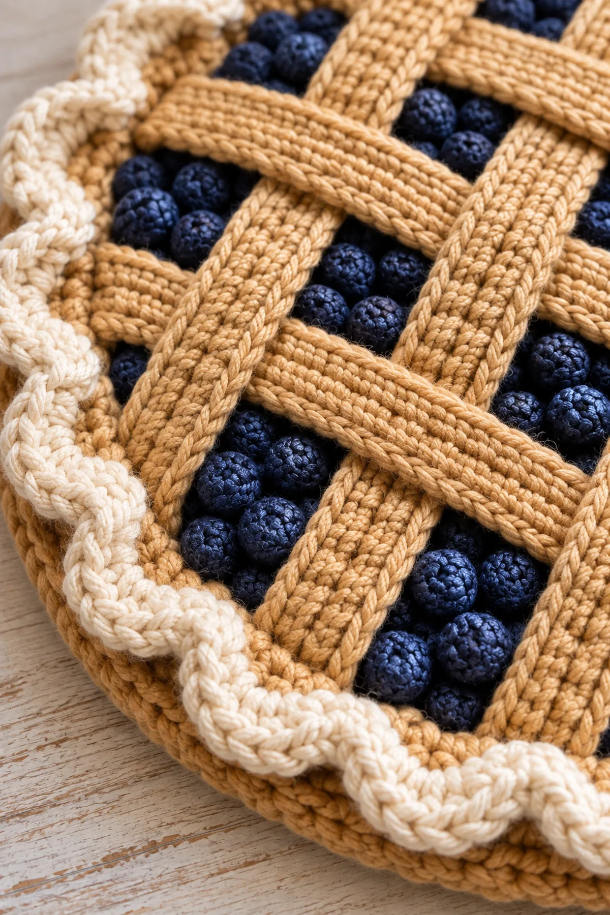 Close-up of blue berry bobbles raised golden lattice and scalloped cream crust