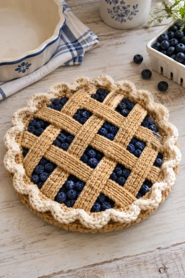 Finished round crochet blueberry pie hot pad with blue bobbles tan lattice and cream crust