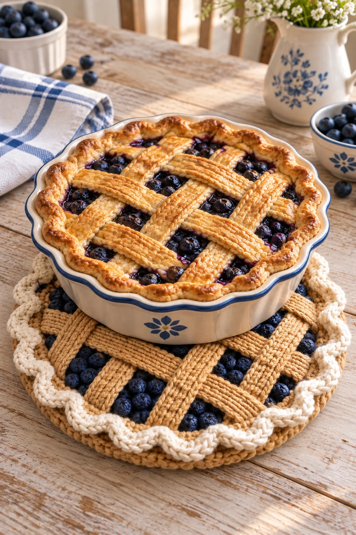 Crochet blueberry pie hot pad styled beneath a small baking dish with fresh blueberries nearby