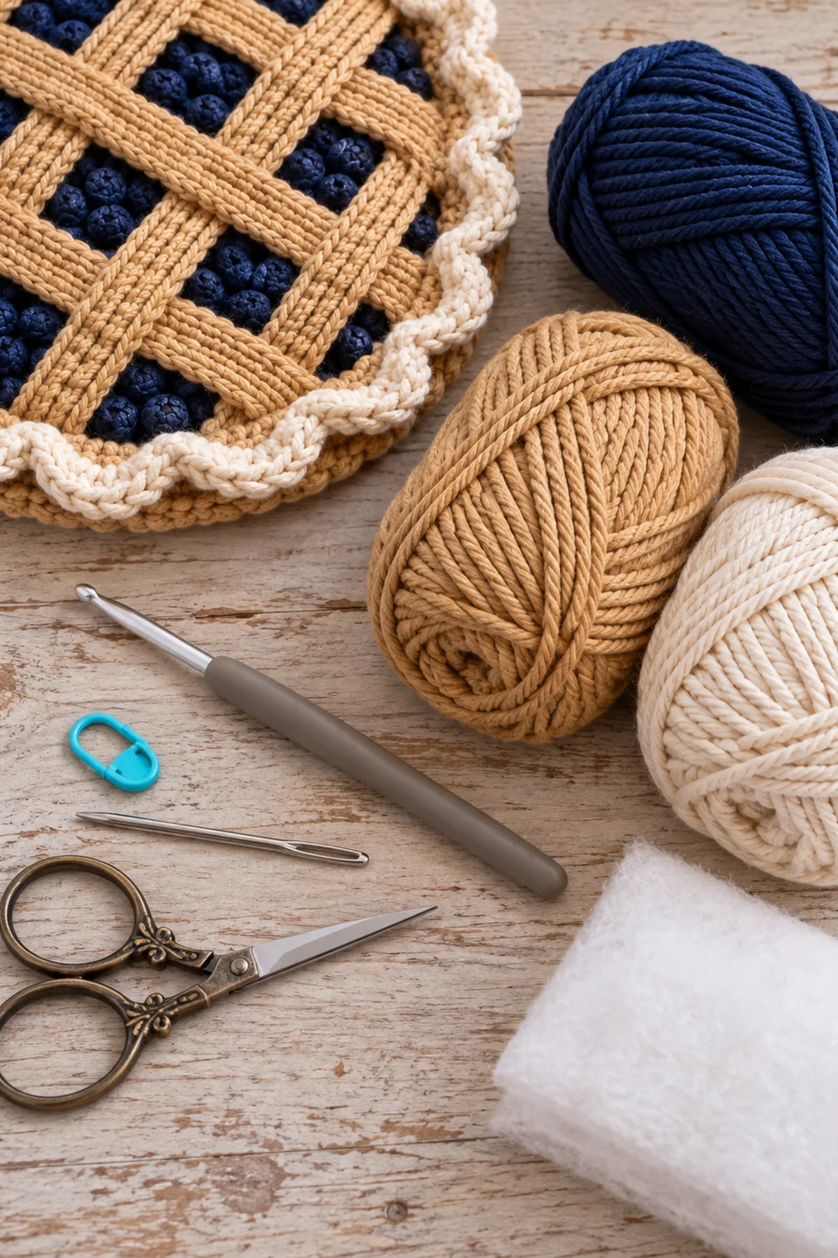 Blue tan and cream cotton yarn crochet hook marker needle scissors and optional batting