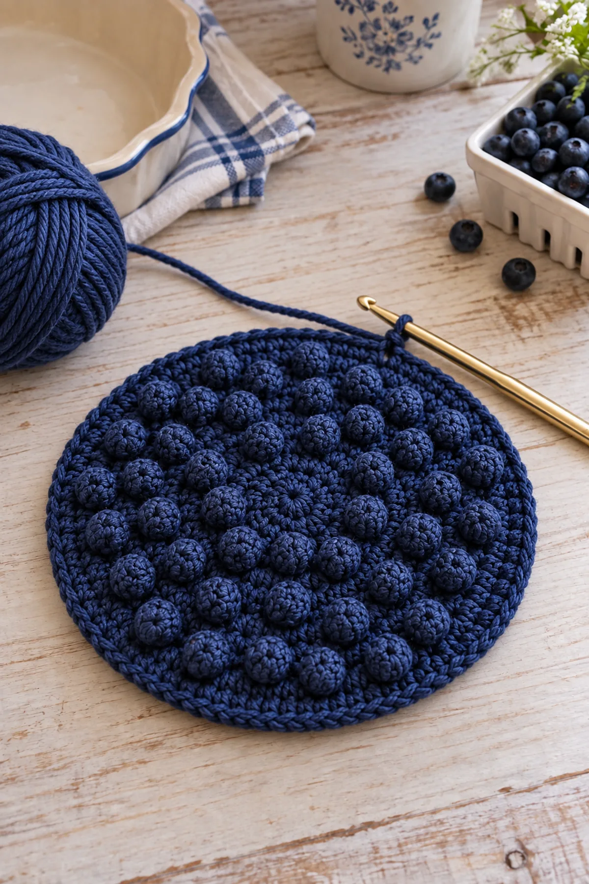 Deep blue round crochet disk with first blueberry bobble rounds