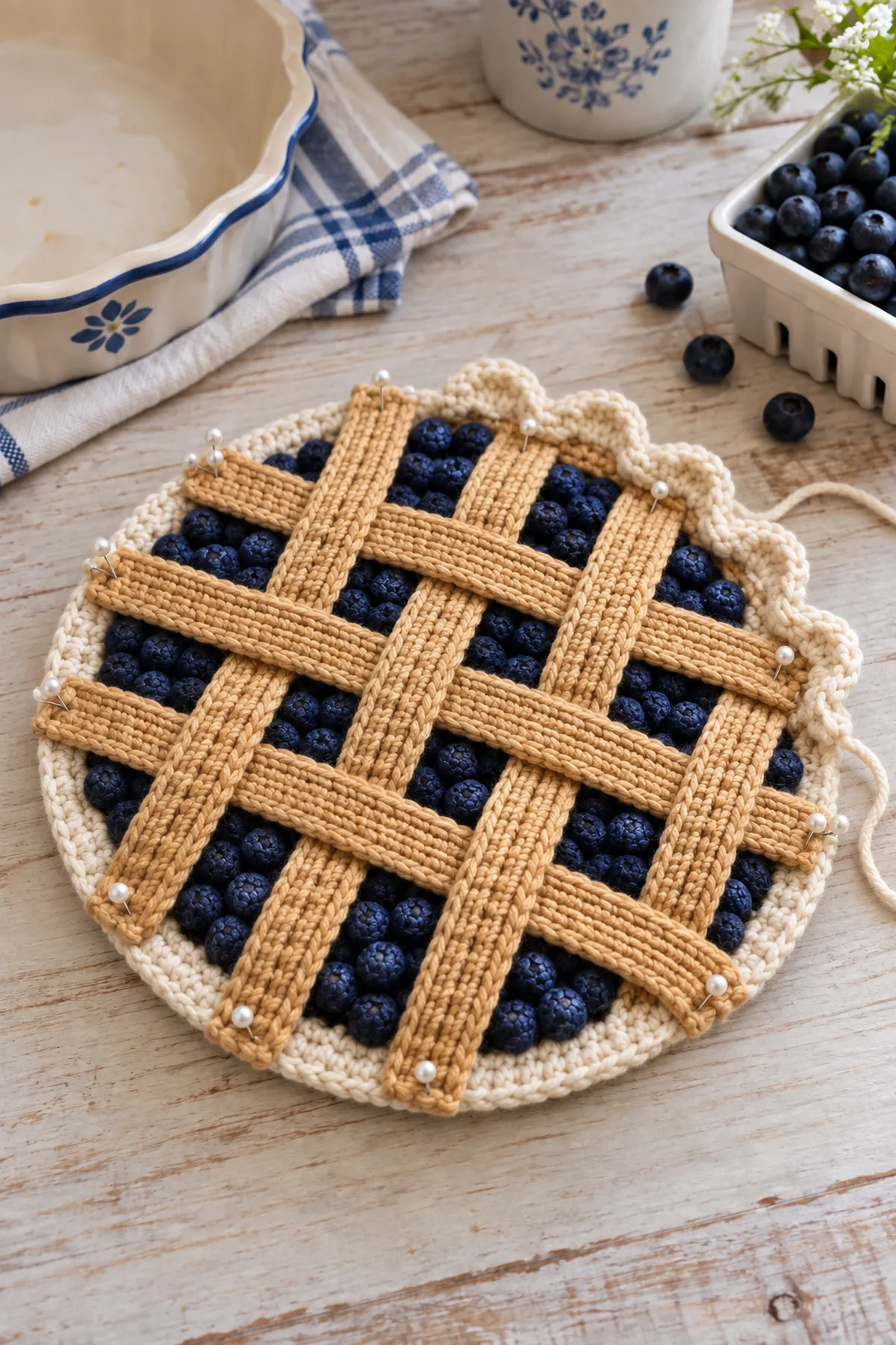 Blueberry pie hot pad with woven tan lattice strips pinned before joining