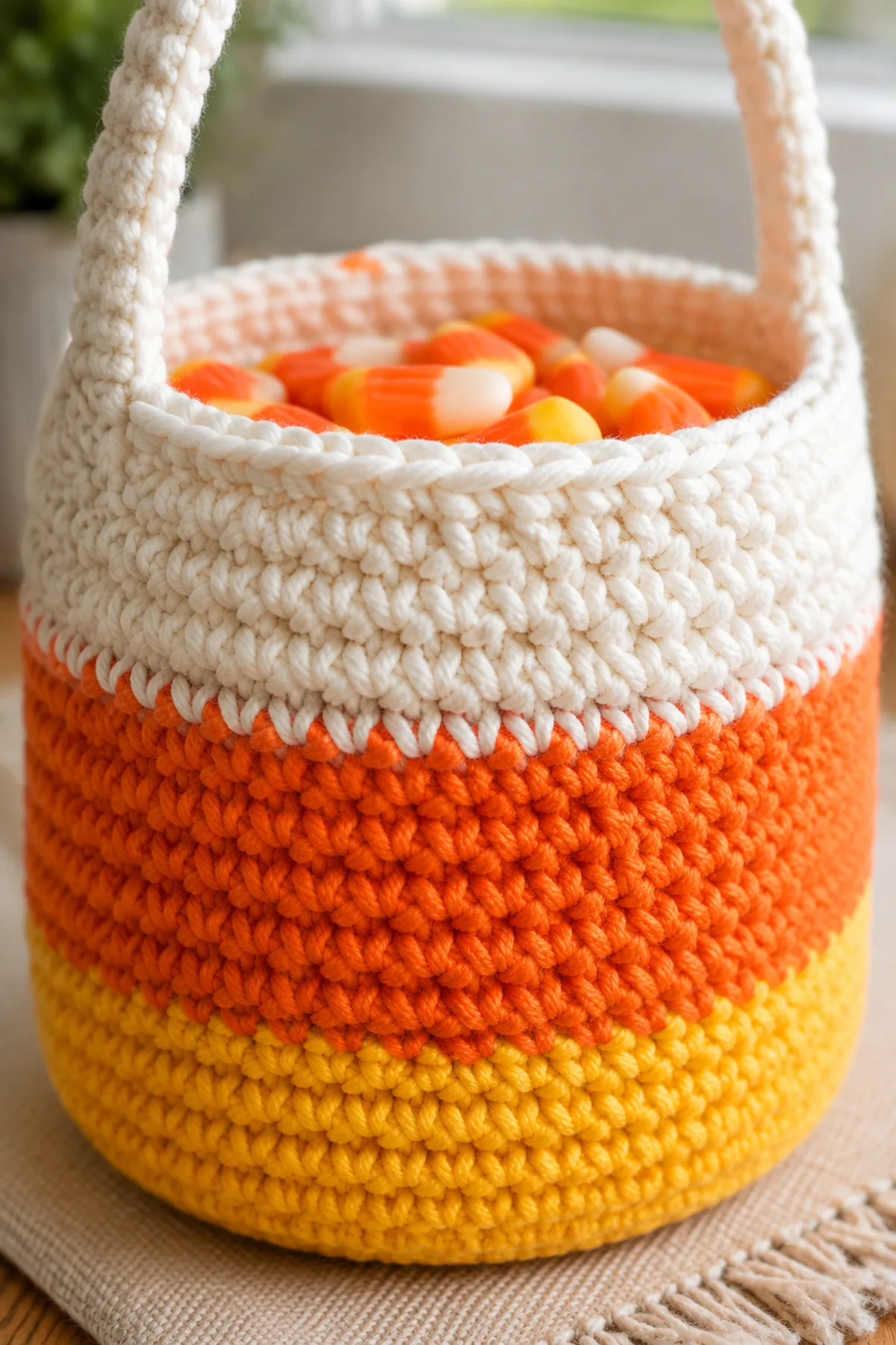 Close-up of the stitch texture and finishing details on easy crochet candy corn treat basket