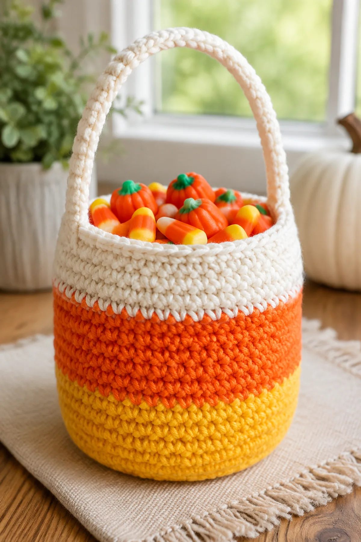 Finished easy crochet candy corn treat basket displayed with a clean handmade finish
