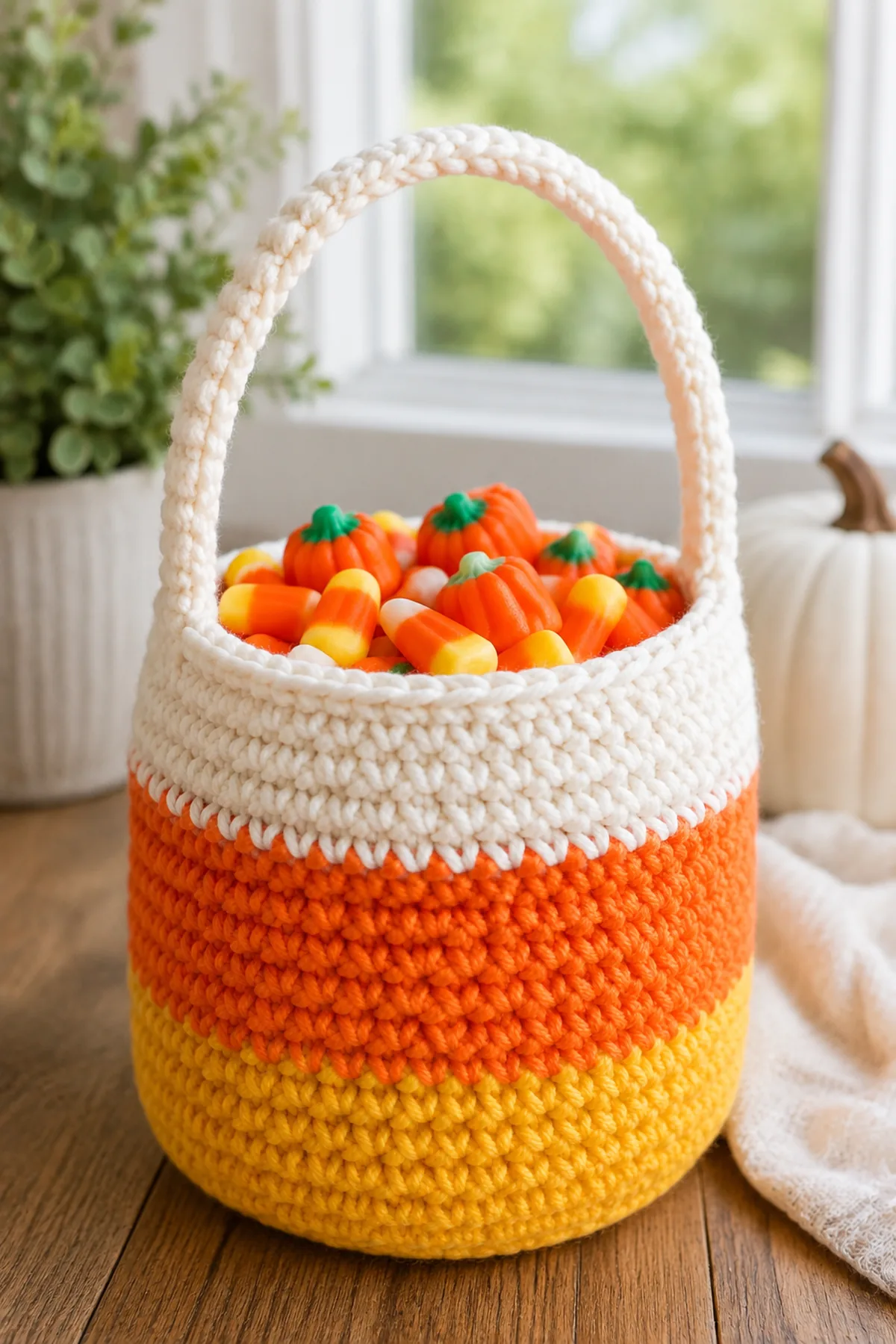 Finished easy crochet candy corn treat basket styled in a bright natural setting